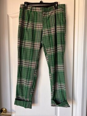 Free People All For Me Green Plaid, Slim Straight Leg, Rolled Hem Pants size 6